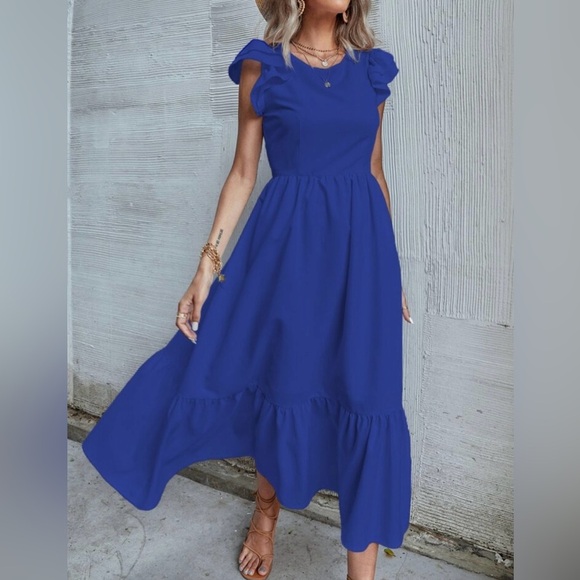 SHEIN Royal Blue Maxi Dress with Ruffle Sleeves Size Small - Picture 1 of 6